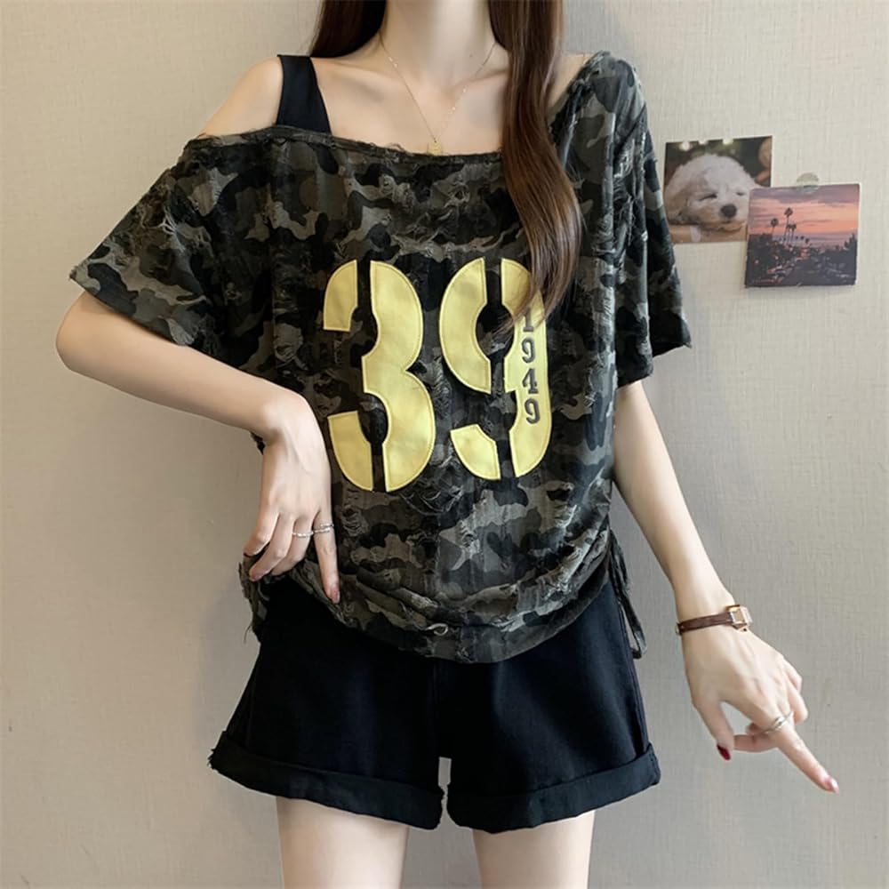 Amazon | [YAZHUE] 肩出し tシャツ レディース 迷彩柄